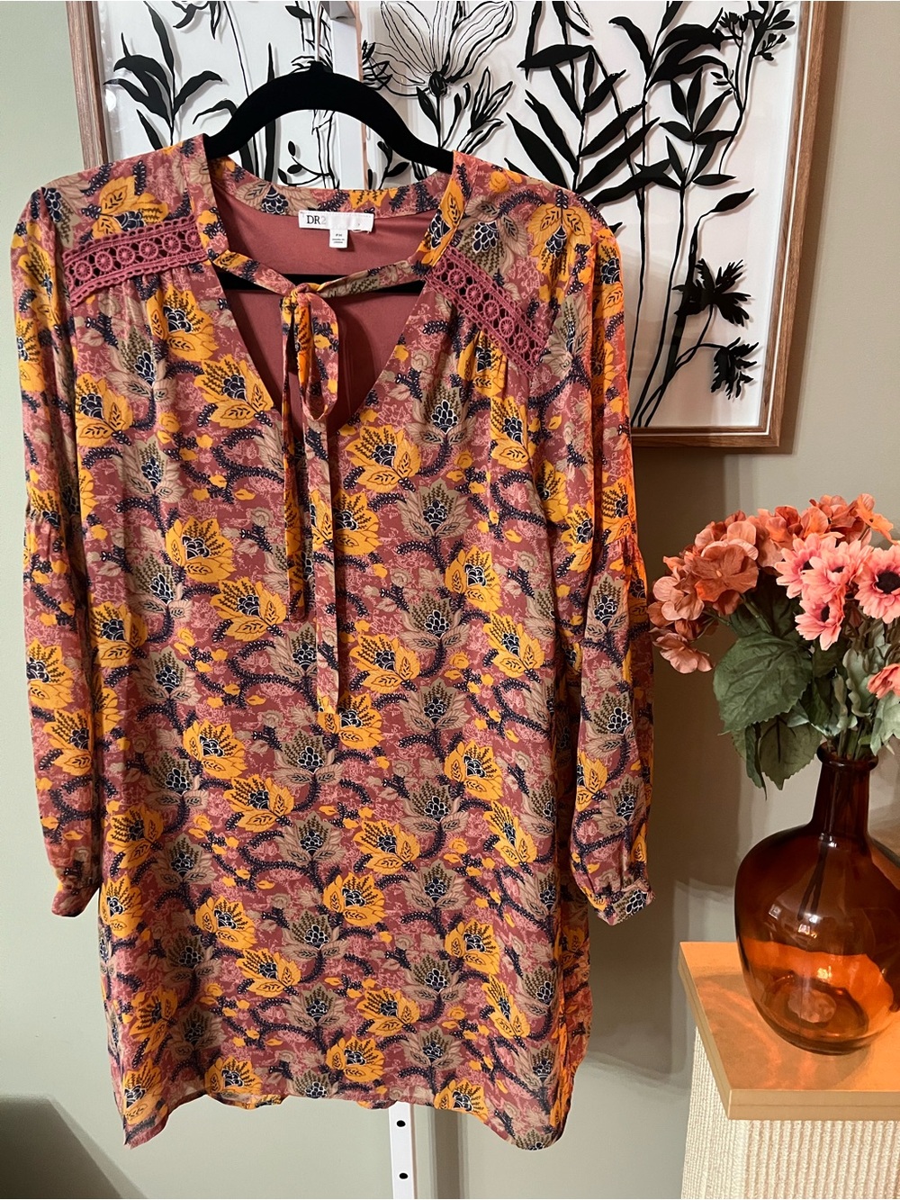 DR2 Pink Gold Tan Floral Boho Long Sleeve Knee Length Lined Sheath Dress Size PM